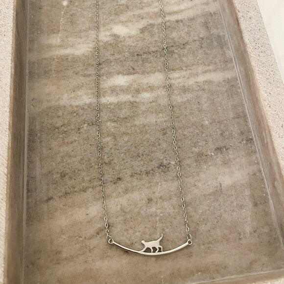 925 Sterling Silver Cat Bar Necklace Curve Bar Necklace Dainty Kitty Necklace - Picture 2 of 8